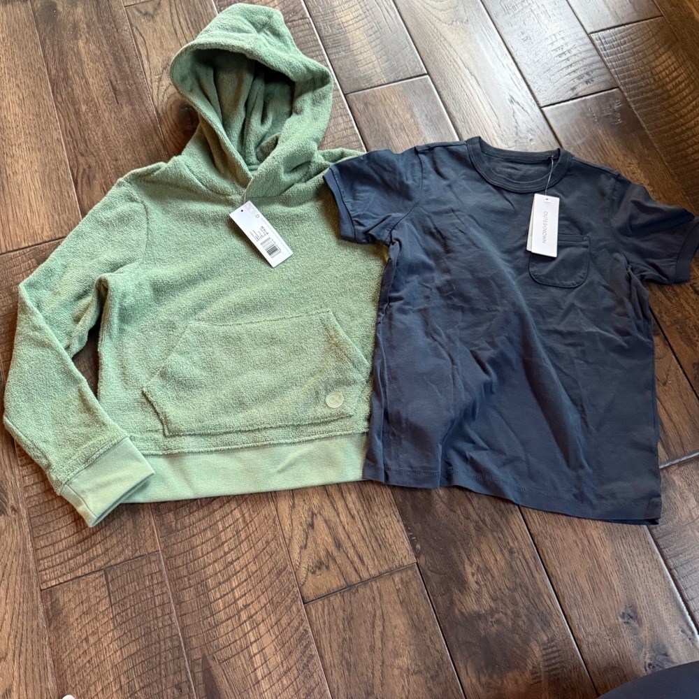 Outerknown Kids Bundle Green Towel Hoodie Medium & Navy Pocket T-Shirt Small NWT